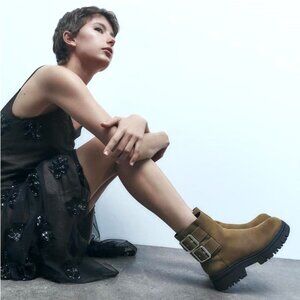 NWT ZARA Genuine Leather Lug-Sole Buckled Ankle Boots, Sz 6.5